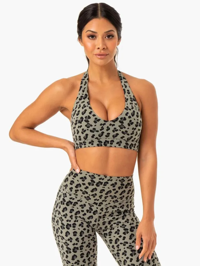 Sports Bras Womens Ryderwear Hybrid Halter Sports Bra Khaki Leopard