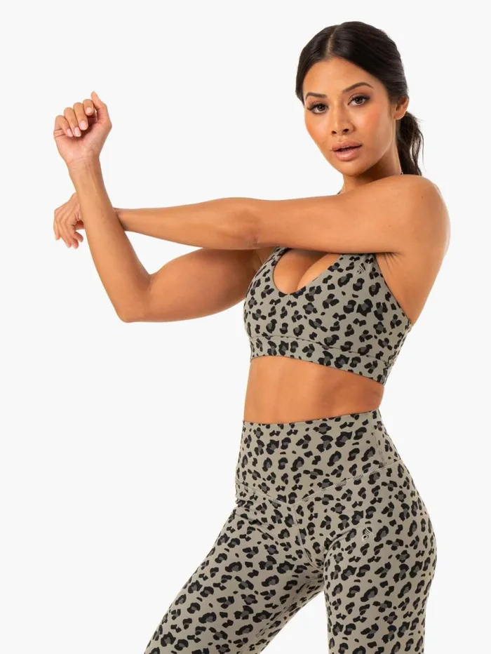 Sports Bras Womens Ryderwear Hybrid Halter Sports Bra Khaki Leopard