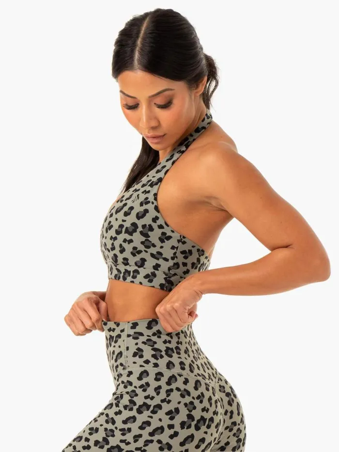 Sports Bras Womens Ryderwear Hybrid Halter Sports Bra Khaki Leopard