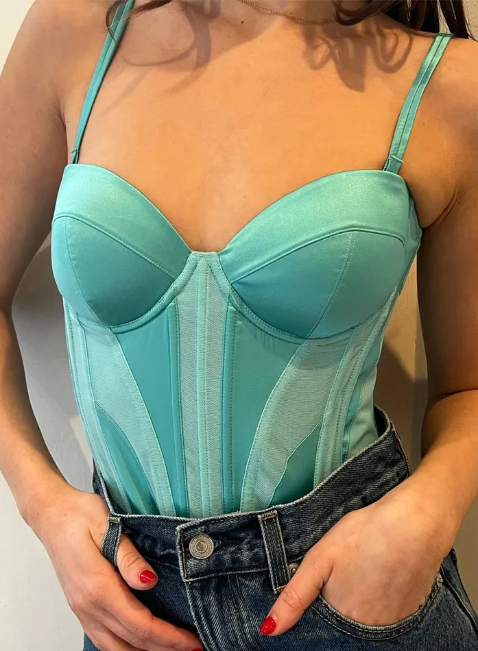 Strapless Bras Lingerie Fleur Du Mal Silk and Mesh Bustier Top Bright Jade