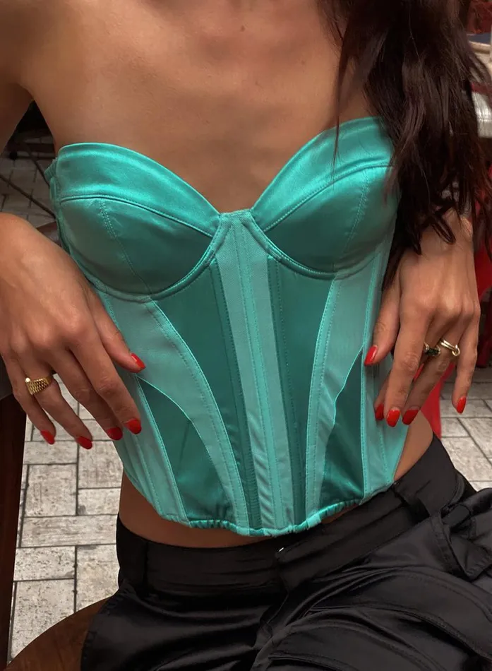 Strapless Bras Lingerie Fleur Du Mal Silk and Mesh Bustier Top Bright Jade