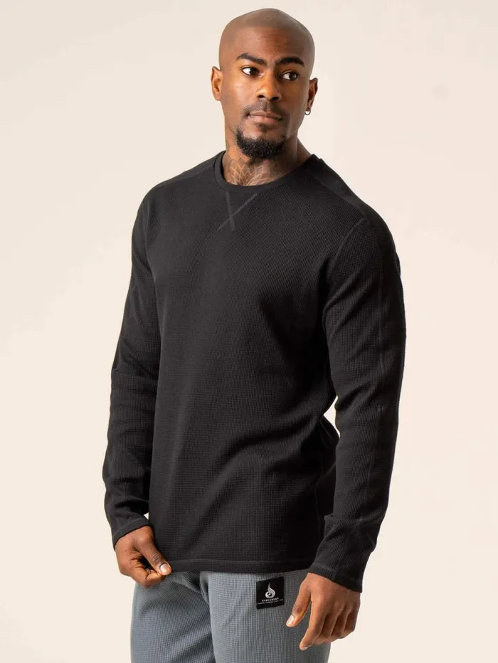 Sweaters and Hoodies Mens Ryderwear Men039s Waffle Lounge Crew Neck Black