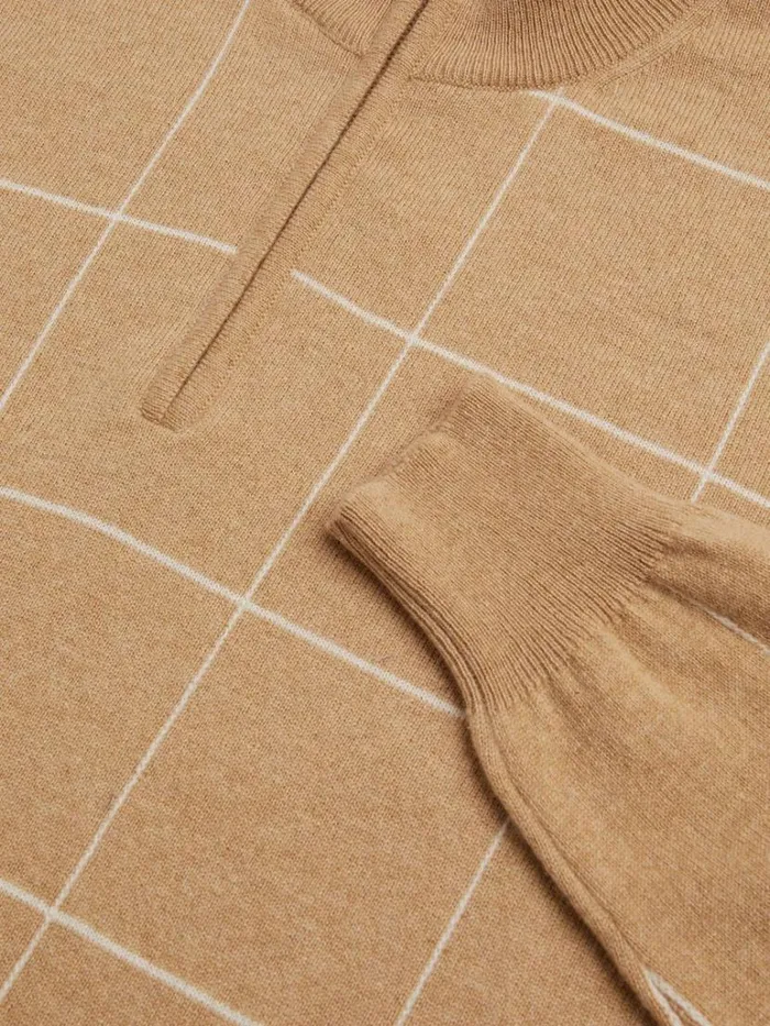 Sweaters Mens Paul Stuart 14 Cashmere Zip Windowpane Sweater Camel