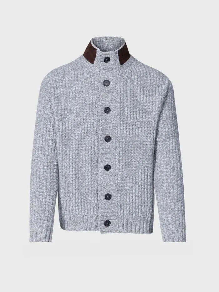 Sweaters Mens Paul Stuart Button Front Cardigan With Suede Trim Silver