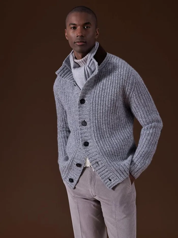 Sweaters Mens Paul Stuart Button Front Cardigan With Suede Trim Silver