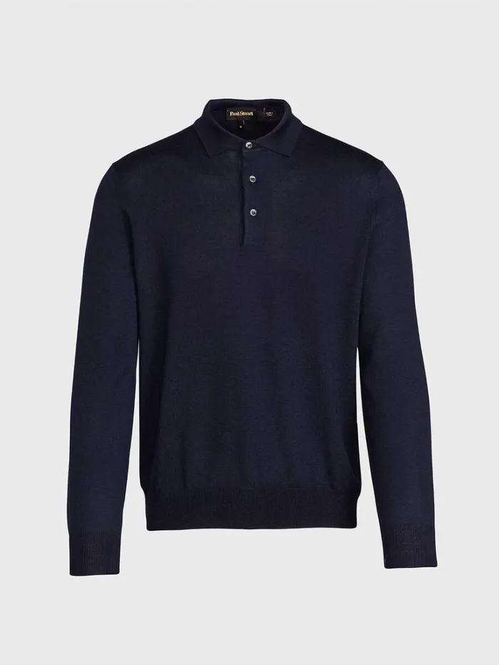 Sweaters Mens Paul Stuart Long Sleeve Merino Wool Polo Shirt Black