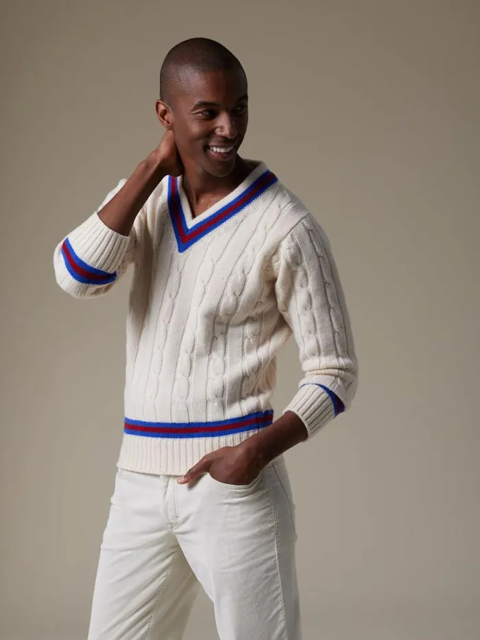 Sweaters Mens Paul Stuart Striped VNeck Tennis Sweater White
