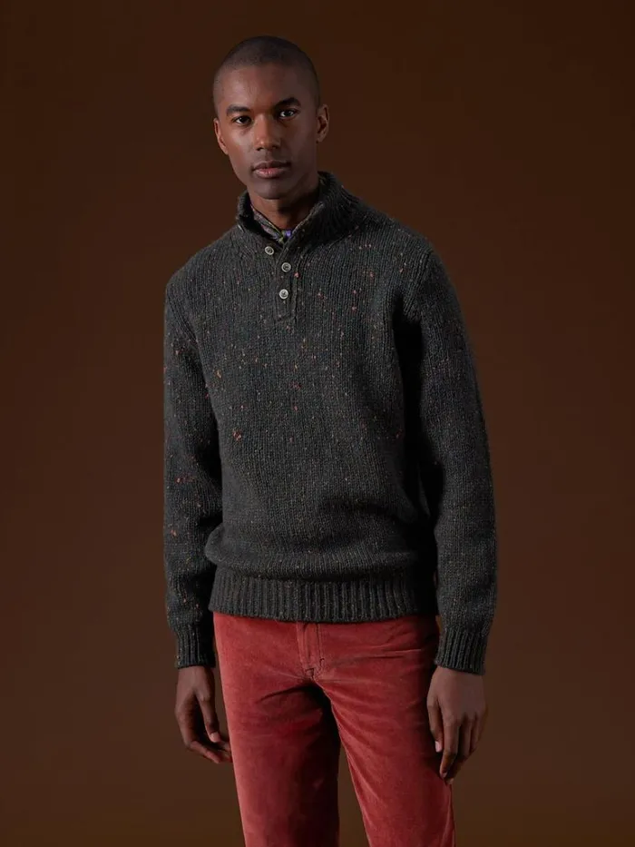 Sweaters Mens Paul Stuart Wool and Cashmere Donegal Button Mock Neck Dark Olive