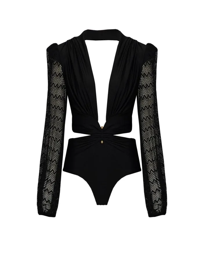 Swim PLUNGE NETTED SLEEVE SWIMSUIT EXCLUSIVE PatBO One Pieces