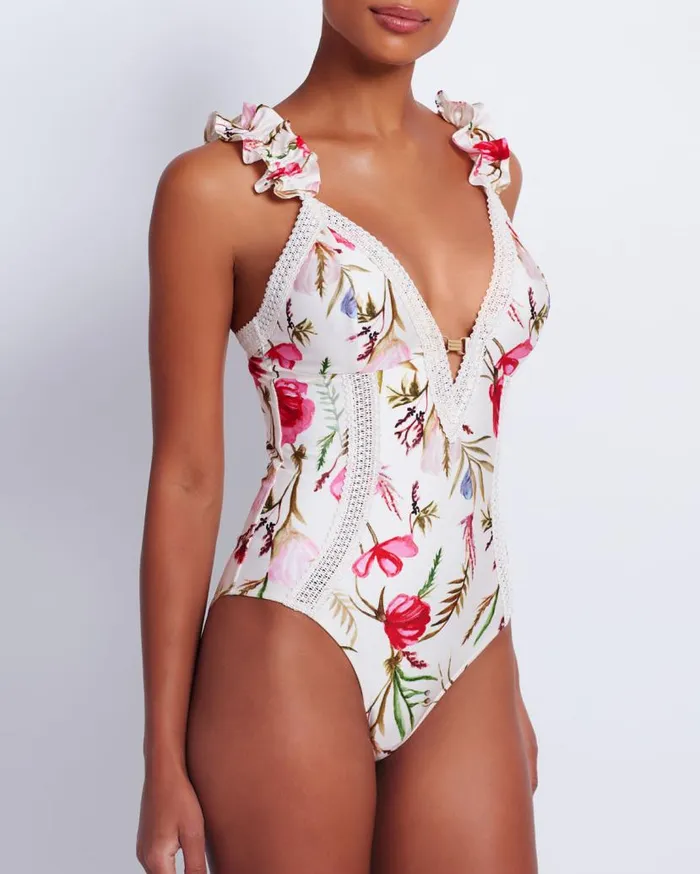 Swim Viera Lace Trim Swimsuit PatBO One Pieces