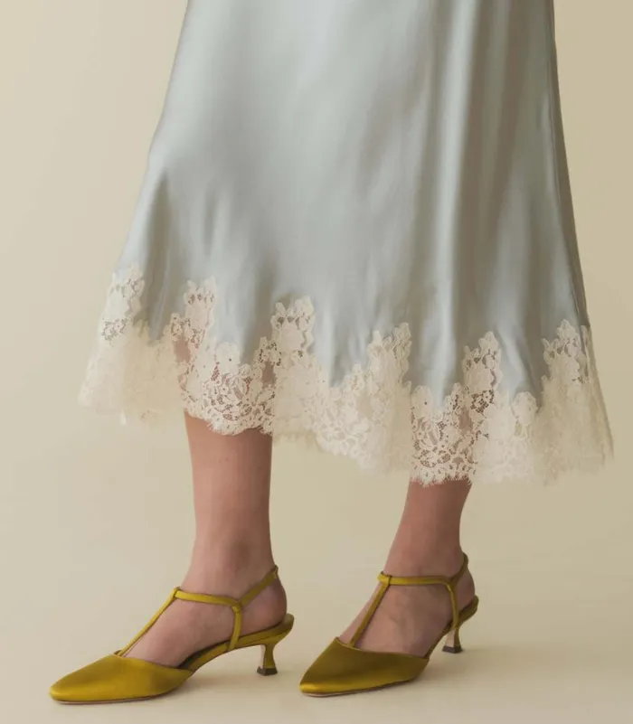 TABITHA T STRAP HEEL Golden Palm Satin Shop DEN Footwear