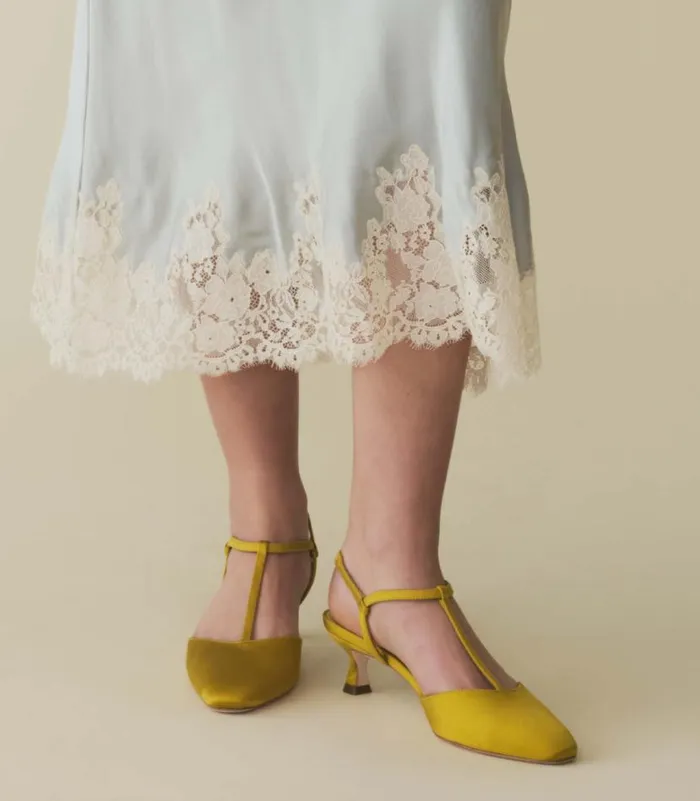 TABITHA T STRAP HEEL Golden Palm Satin Shop DEN Footwear