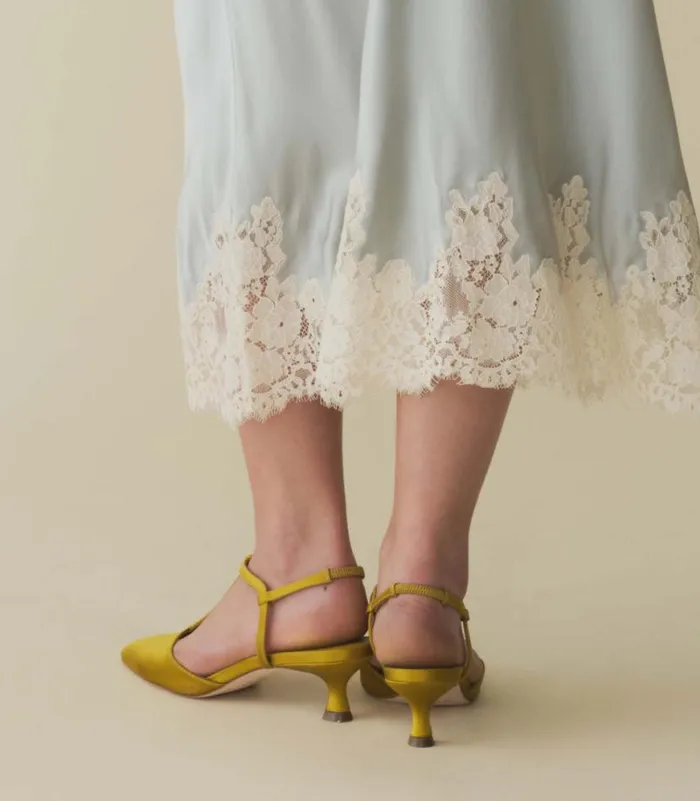 TABITHA T STRAP HEEL Golden Palm Satin Shop DEN Footwear