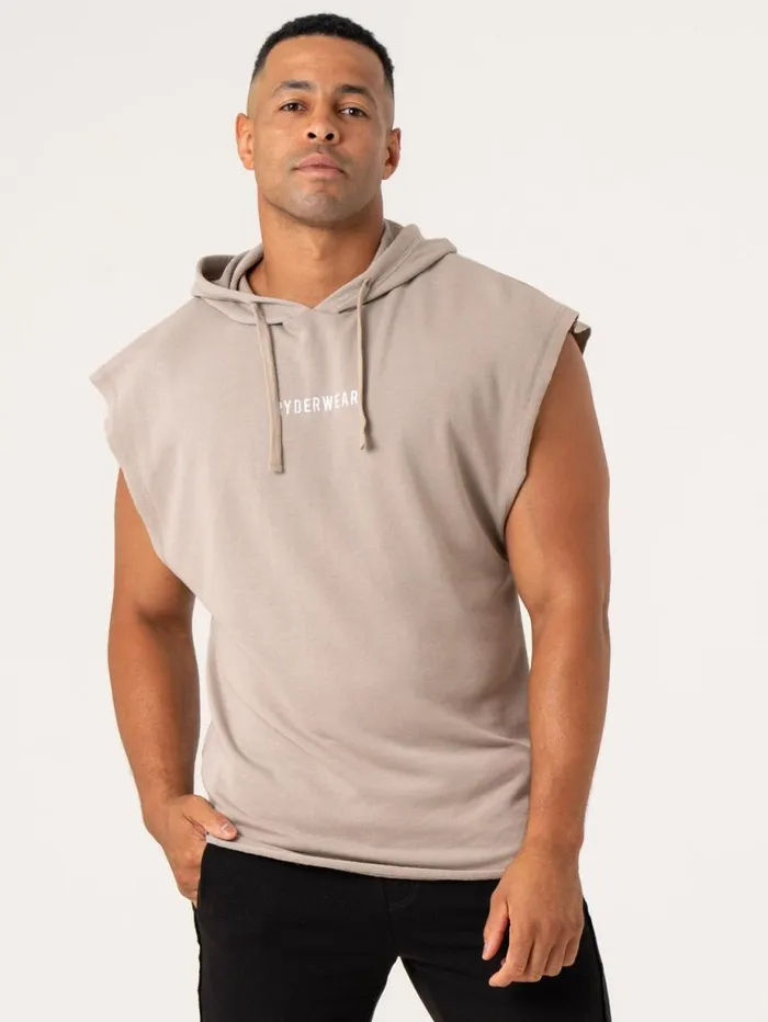 Tanks Mens Ryderwear Pursuit Fleece Sleeveless Hoodie Taupe