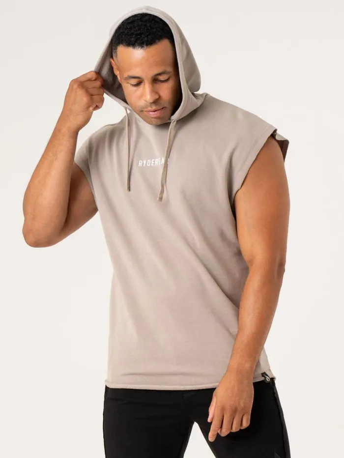 Tanks Mens Ryderwear Pursuit Fleece Sleeveless Hoodie Taupe