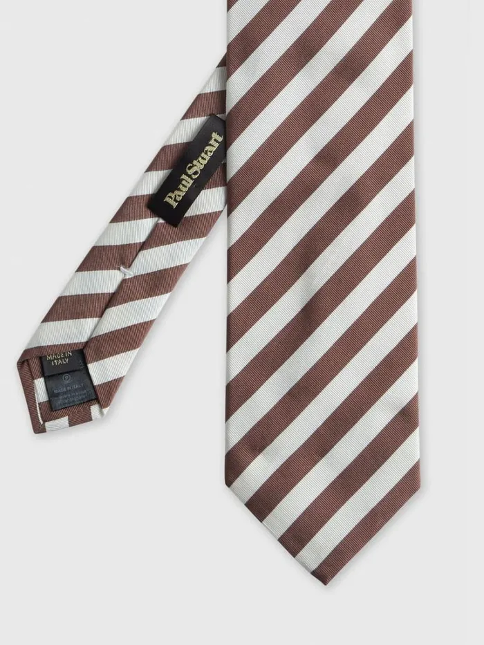 Ties Mens Paul Stuart Woven Silk and Cotton Bar Stripe Tie Brown