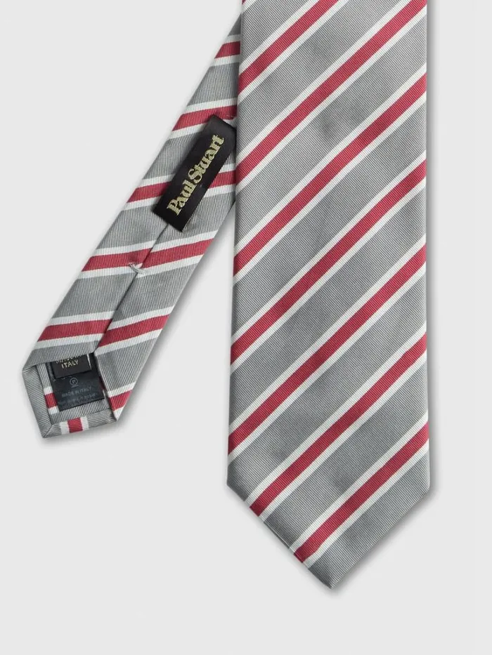Ties Mens Paul Stuart Woven Silk and Cotton Three Color Stripe Tie Grey