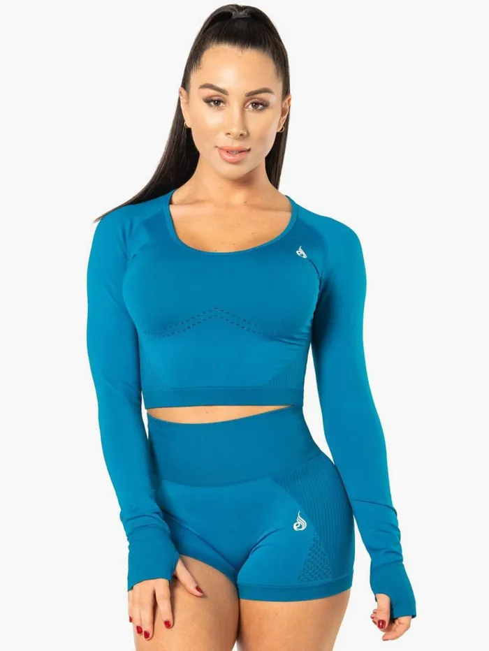 Tops Womens Ryderwear Electra Seamless Long Sleeve Crop Top Electric Blue