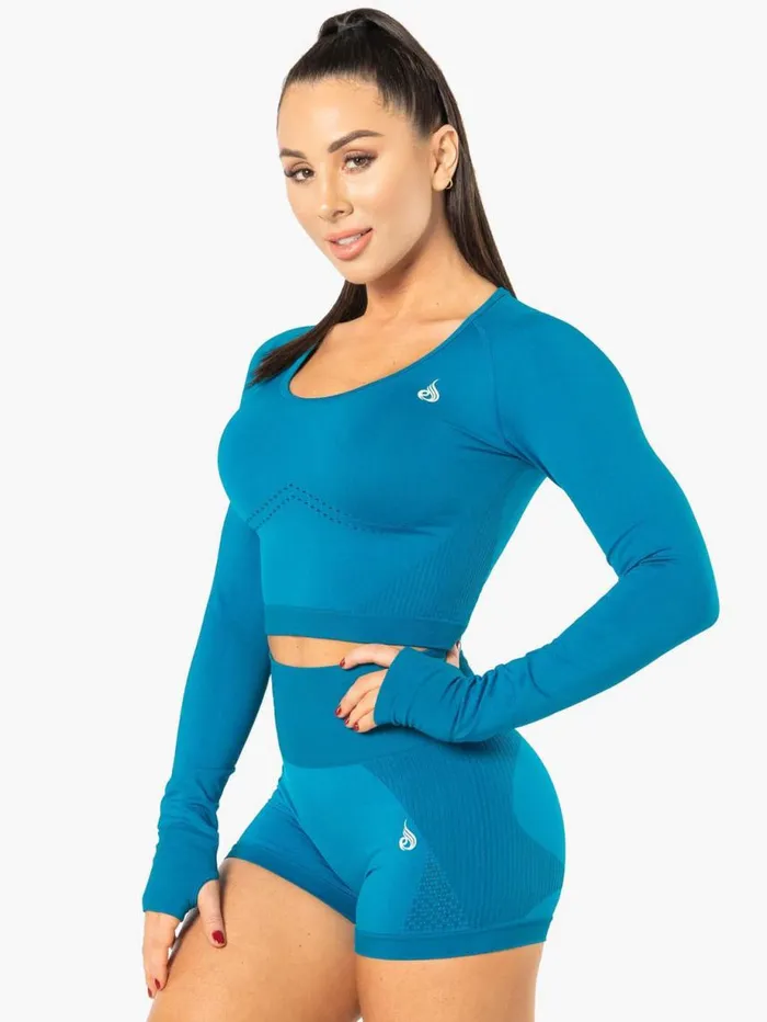 Tops Womens Ryderwear Electra Seamless Long Sleeve Crop Top Electric Blue