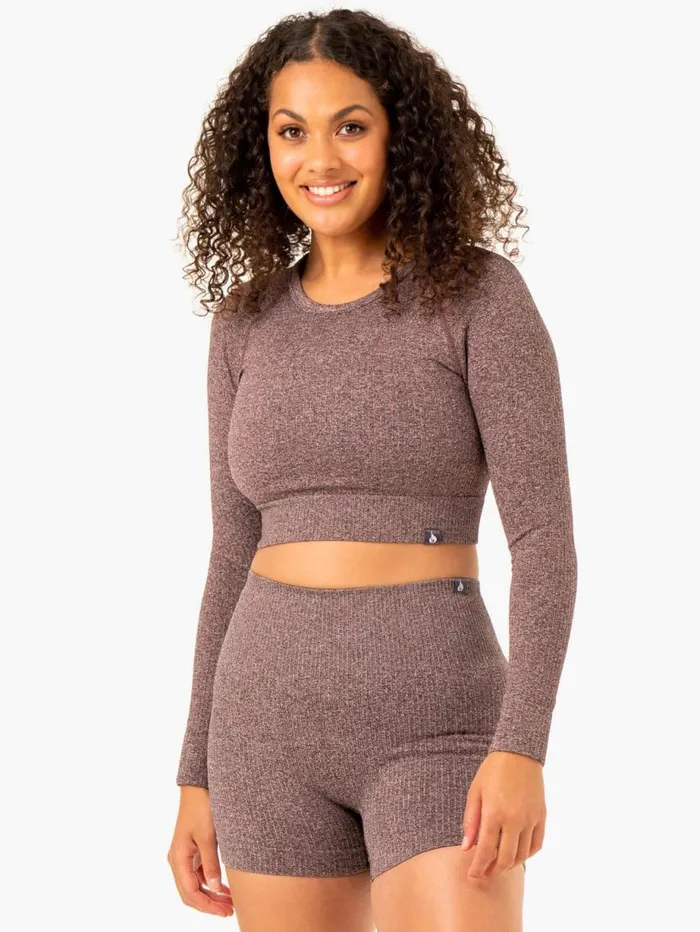 Tops Womens Ryderwear Rib Seamless Long Sleeve Top Chocolate Marl