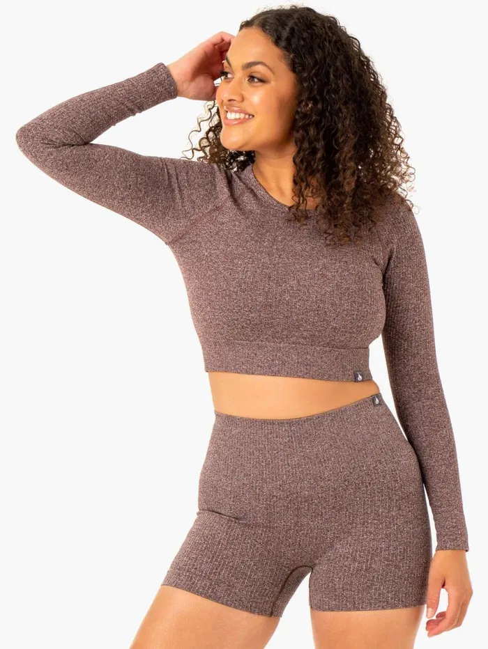 Tops Womens Ryderwear Rib Seamless Long Sleeve Top Chocolate Marl