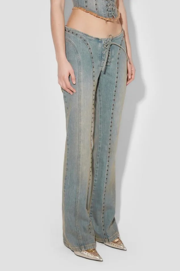 Trousers Women MISBHV Sunset Wash Lara Laced Denim Studded Trousers Blue