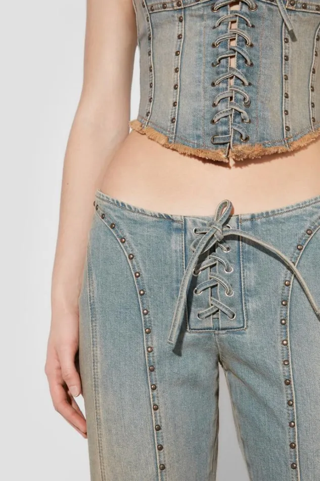 Trousers Women MISBHV Sunset Wash Lara Laced Denim Studded Trousers Blue