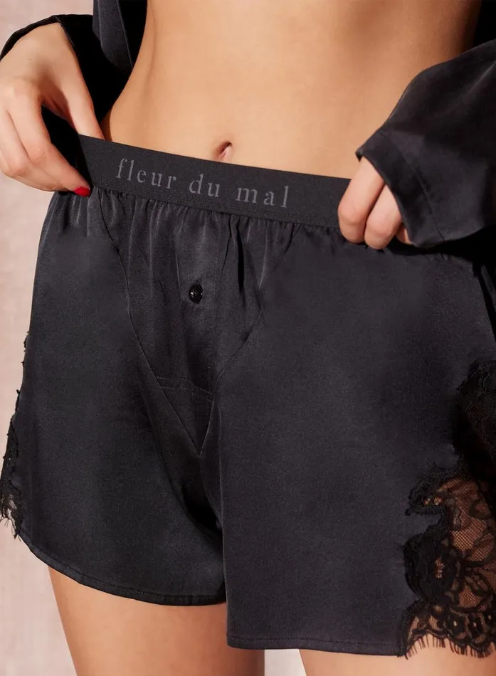 Unisex Boxers LingerieClothing Fleur Du Mal Washed Silk Unisex Boxer Short Black