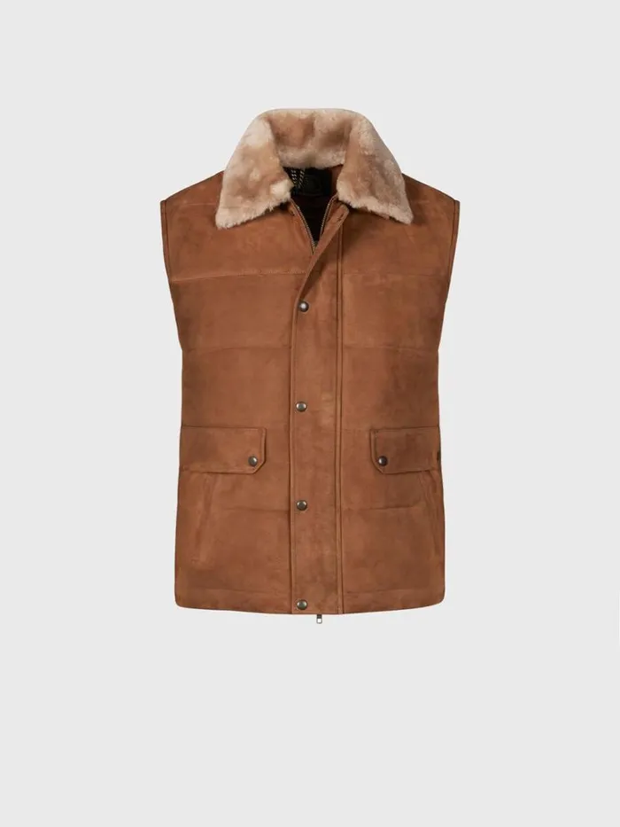 Vests Mens Paul Stuart Quilted Shearling Vest Tan