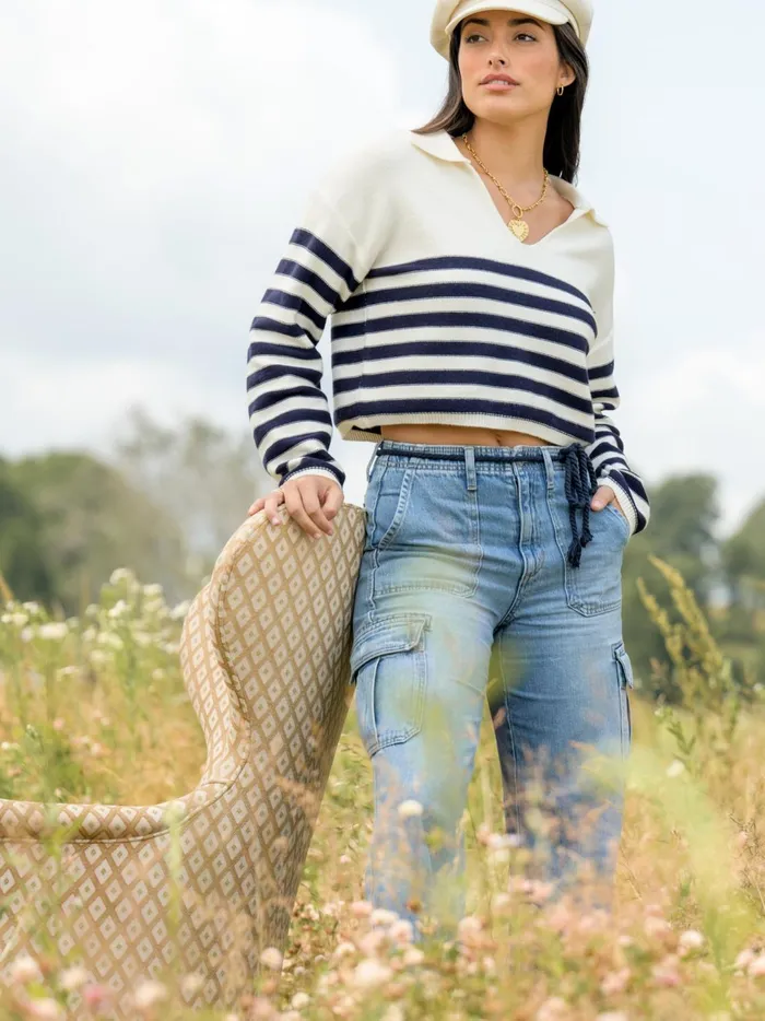 Women Amanda Striped Polo Sweater Ivorynavy Altar039d State Cropped Sweaters