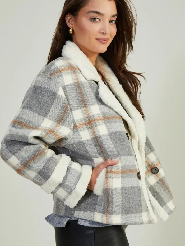 Women Aviva Plaid Sherpa Jacket Graybrown Altar039d State Jackets