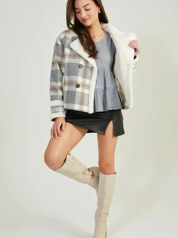 Women Aviva Plaid Sherpa Jacket Graybrown Altar039d State Jackets