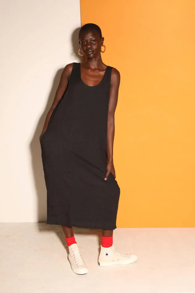 Women Basic Linen Shift Dress Black LF Markey Dresses