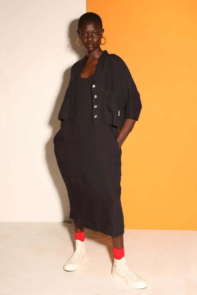Women Basic Linen Shift Dress Black LF Markey Dresses
