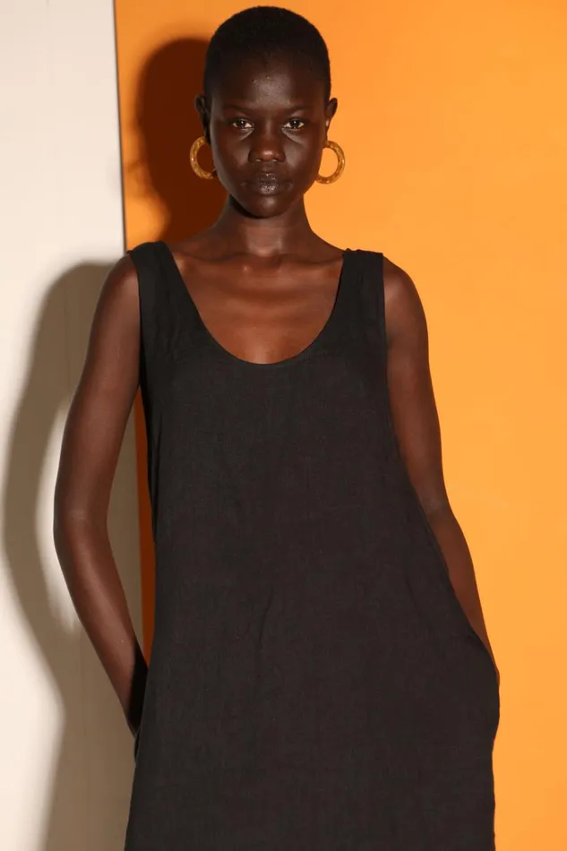 Women Basic Linen Shift Dress Black LF Markey Dresses
