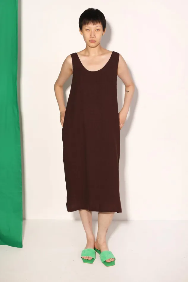 Women Basic Linen Shift Dress Chocolate LF Markey Dresses