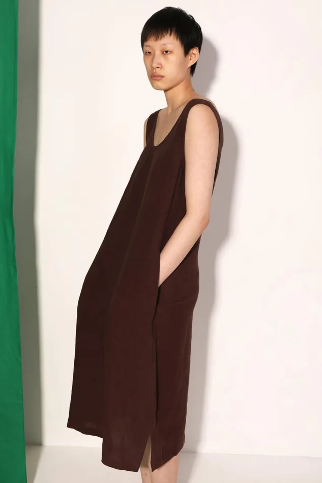 Women Basic Linen Shift Dress Chocolate LF Markey Dresses