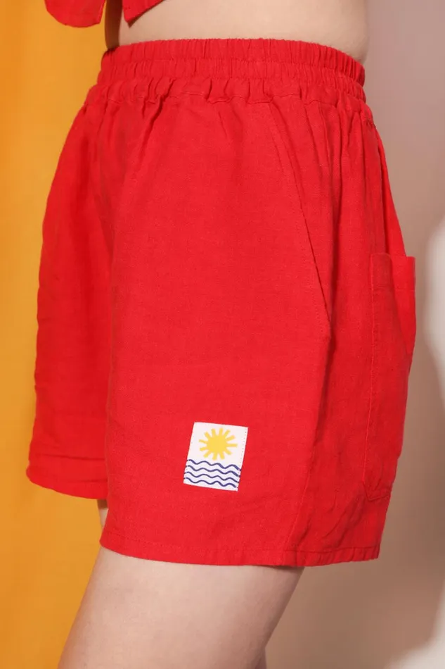 Women Basic Linen Shorts Vermillion LF Markey Shorts