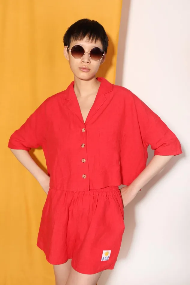 Women Basic Linen Shorts Vermillion LF Markey Shorts