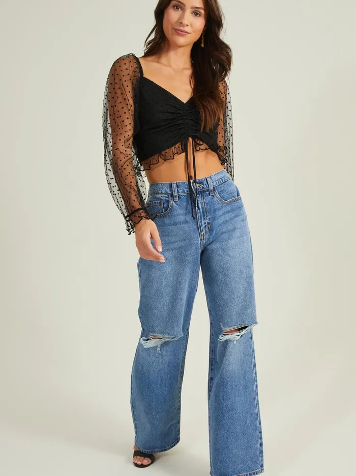 Women Daisy Cinched Mesh Top Black Altar039d State Blouses