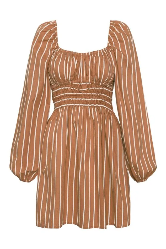 Women Faithfull The Brand Mini Dresses Paloma Mini Dress Adia Stripe Print Hazelnut 8211 Final Sale