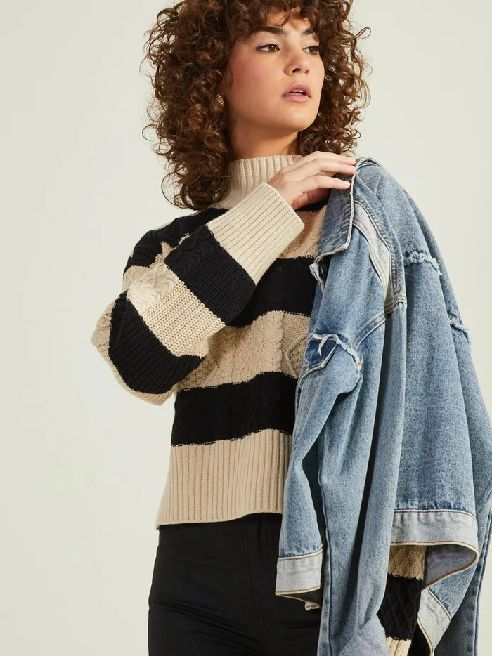 Women Harley Striped Mock Neck Sweater Taupeblack Altar039d State Sweaters