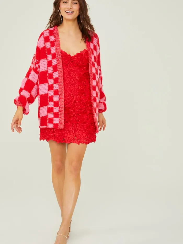 Women Heather Checkered Oversized Cardigan Pinkred Altar039d State Sweaters