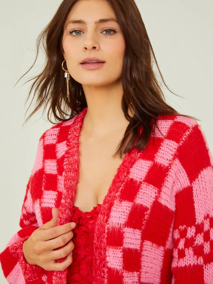 Women Heather Checkered Oversized Cardigan Pinkred Altar039d State Sweaters
