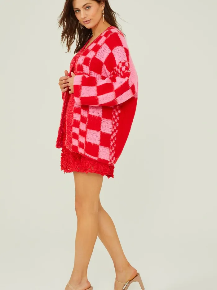 Women Heather Checkered Oversized Cardigan Pinkred Altar039d State Sweaters