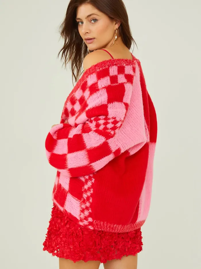 Women Heather Checkered Oversized Cardigan Pinkred Altar039d State Sweaters