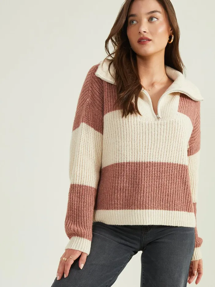 Women Ilana Striped Quarter Zip Sweater Mauveivory Altar039d State Sweaters