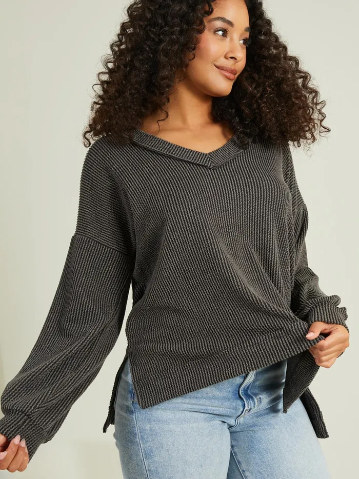 Women Journee Ribbed VNeck Tunic Charcoal Altar039d State Blouses