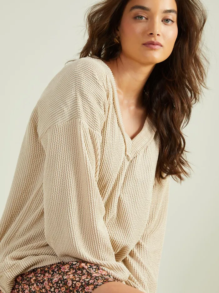 Women Journee Ribbed VNeck Tunic Oat Altar039d State Blouses