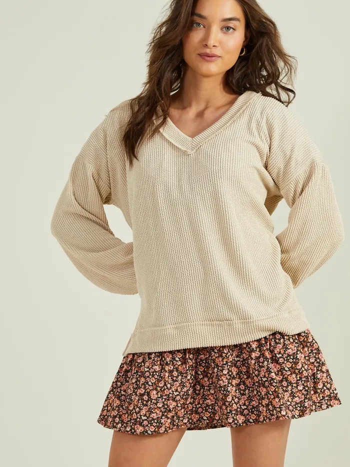 Women Journee Ribbed VNeck Tunic Oat Altar039d State Blouses